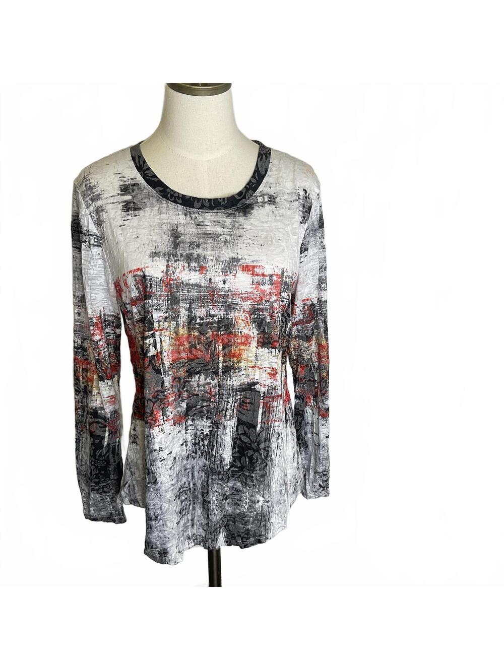 Newport by Carine Women's Size Medium Gray White Black Long Sleeve T-Shirt Top